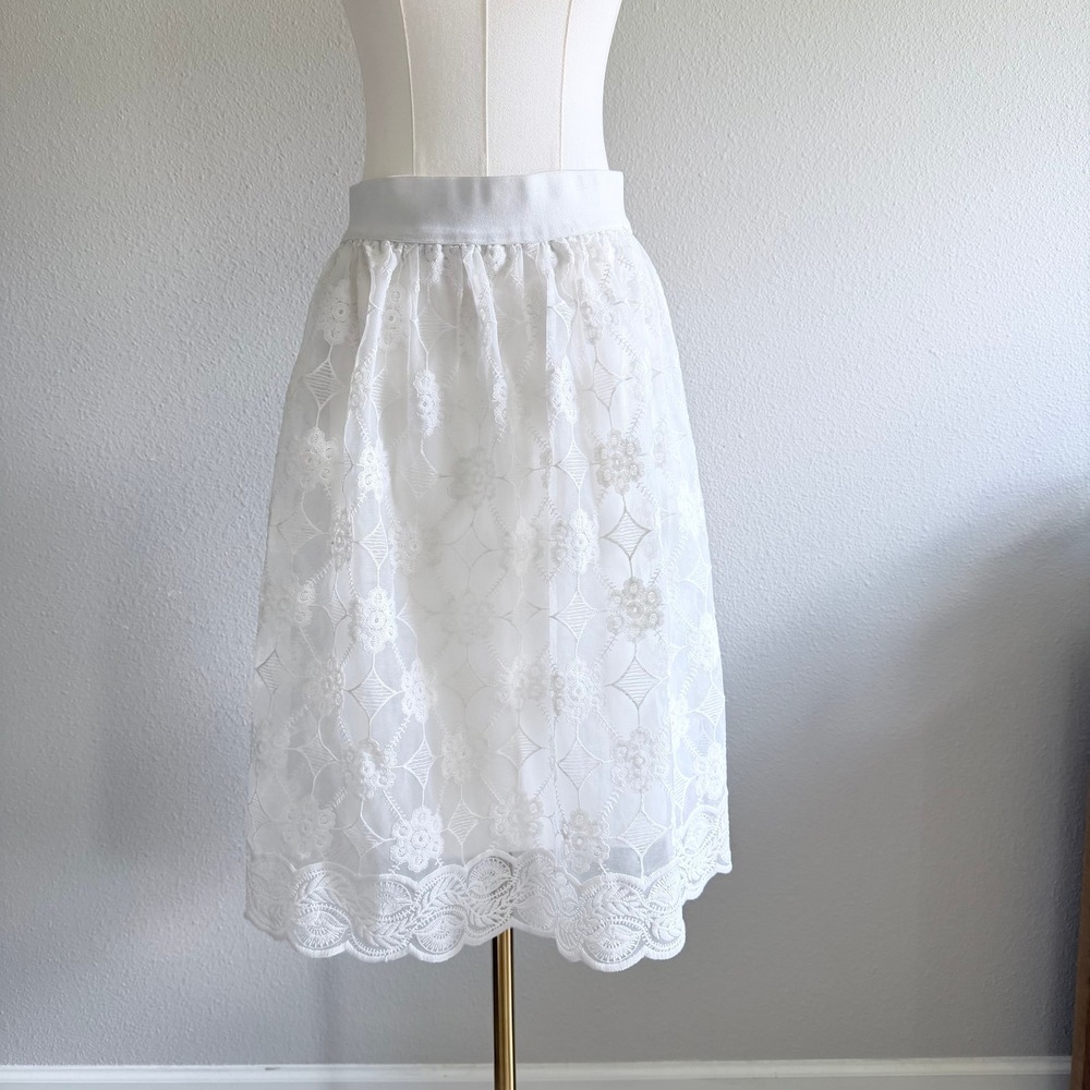 White Floral Lace Embroidered Midi Skirt Romantic Cottagecore Wedding Medium